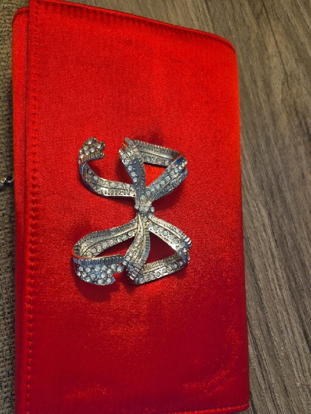 Red Satin Evening Clutch with Crystal Rhinestone Bow Accent - Picture 6 of 10